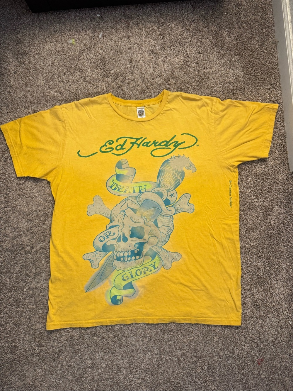 Ed Hardy Yellow Graphic Logo Tee with Red Tag Accents